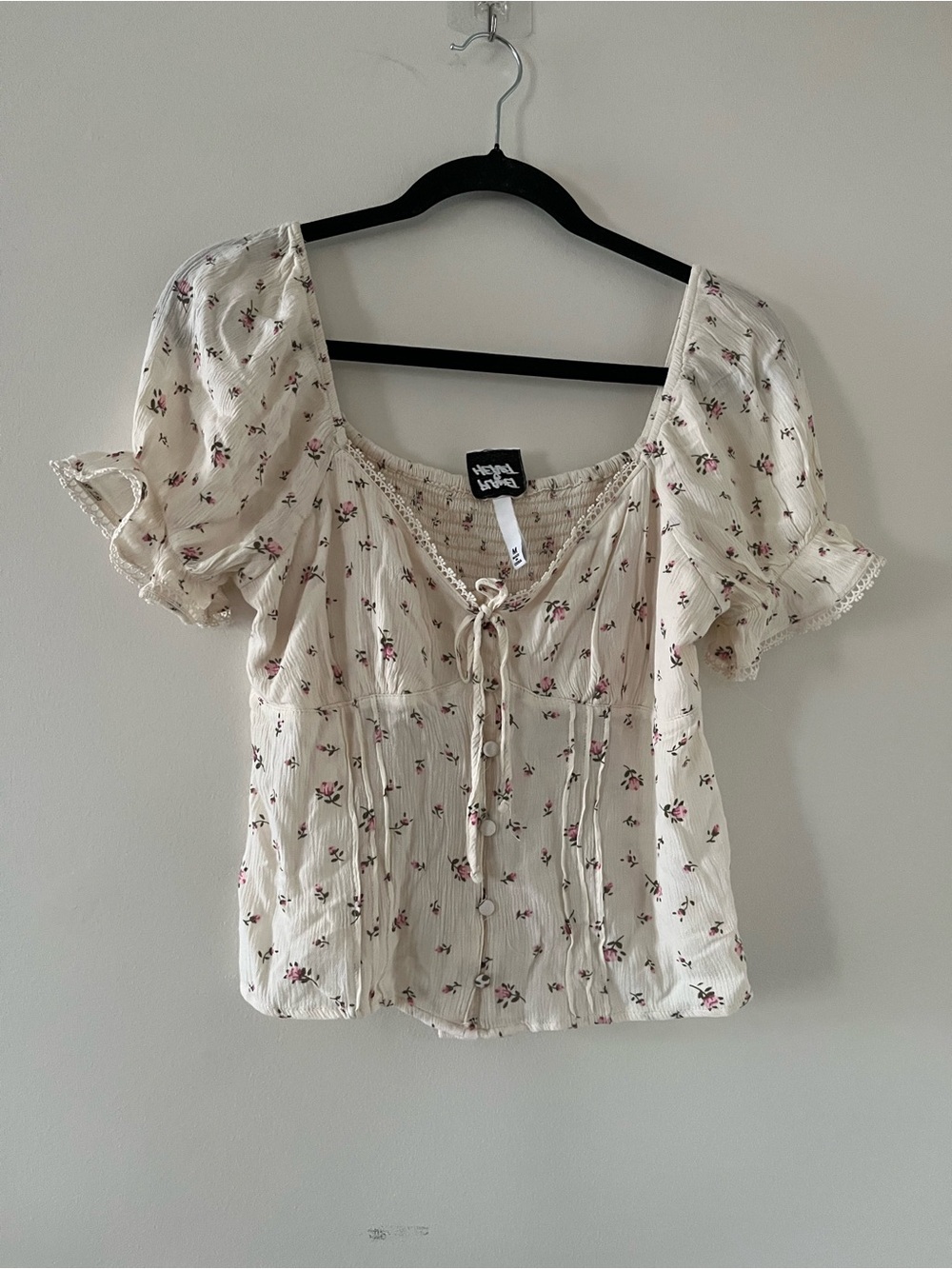 Cream Ditsy Floral Print Puff Sleeve Blouse Medium Cottagecore Milkmaid Prairie